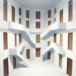 “the inside of a huge white building with with many doors and stairs, confusing, creepy, mind bending, doors, strange dimensions, anime style, detailed background, very detailed”