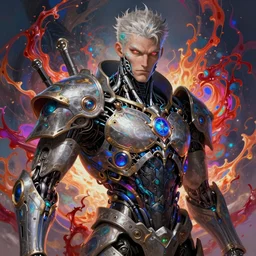 hyper detailed ultra sharp biomechanical warrior man with piercing eyes, trending on artstation, elden ring aesthetic, bloodwave, colorful, psychedelic, ornate, intricate, digital painting, concept art, smooth, sharp focus, illustration, art by artgerm and greg rutkowski and h. r. giger, 8 k
