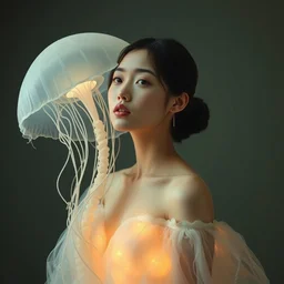 asian female wearing a luminous soft fragile jelly fish dress, by ray caesar, by louise dahl wolfe, by andrea kowch, by anna claren, surreal photography