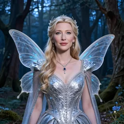 portrait of Cate Blanchett's Galadriel as a queen of fairies, dressed in a beautiful silver dress, the background is a realistic, eastern europen forrest, start, night, blue tones, magical, contrasts, lumnious, fantasy character concept art by ruan jia, thomas kinkade, and J.Dickenson, trending on Artstation