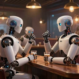 robots socializing with each other at a local bar, octane render, rtx, unreal engine 5, digital painting, trending on artstation, highly detailed, epic composition, 8 k uhd