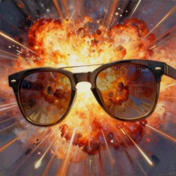 a painting of an explosion reflected in sunglasses, close - up, artstation