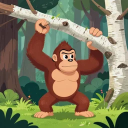 close up of donkey kong in a forest knocking down trees, a white birch tree that has fallen over, donkey kong from nintendo 6 4