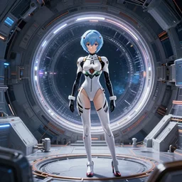 VFX SIMULATION, This is a digital art piece by Yoshiyuki Sadamoto that is trending on artstation. It is a 8K UHD image of Rei Ayanami, a female anime character, inside a space station with technological rings. She is shot from the ground by Yoshiyuki Sadamoto. The environment is a concept design and the art is hyper realistic with intricate details.