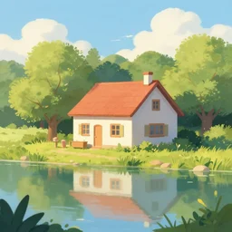 a cute house near a peaceful lake on a sunny summer afternoon, in the style of rhads, digital painting, trending on workstation, beautiful, 4 k