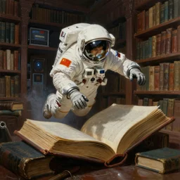 ussr space cosmonaut fly inside big book old library, highly detailed fantasy science fiction painting by jeremy geddes.