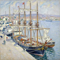 a master gouache painting of a group of ships docked at the harbor, group mass composition, very detaied, 8 k, by claude monet