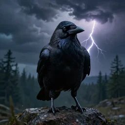 a close up portrait of an angry crow!, standing on a rock in a storm, lightning, dramatic clouds, digital matte painting, fantasy art, moody, dark, brooding, forests, trending on artstation, cgsociety, unreal engine