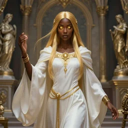 Full portrait of a young Cleric Lady, pearl white robes with golden details, alluring, detailed face, dark brown skin, supernatural golden eyes, golden straight hair, bracelets, floating, spellcasting, statues and an altar filling the background, SINGLE CHARACTER!, highly detailed, high fantasy, dnd, d&d, dungeons and dragons, smooth, sharp focus, no extra characters, realistic, digital illustration, by Krenz Cushart and Artem Demura and alphonse mucha, artstation, HD, 4K, midjourney