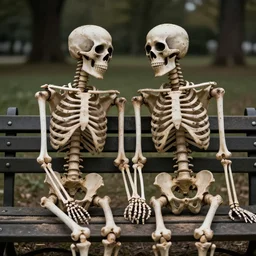 old romantic couple of human skeletons, sitting on a park bench for very long time, holding their hands, partially covered with dust, grungy look, cinematic lighting, photorealistic image
