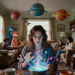 movie still by alejandro jodorowsky of a beautiful day in a family living room in suburban usa, visible magic energy, dream creature costumes, floating planets, fish, parade floats, cinestill 8 0 0 t eastmancolor technicolor, high quality, very detailed, heavy grain, fine facial features, 8 k, octane render
