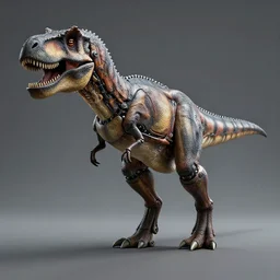 a t-rex with mechanical curves behind its articulations, photorealistic