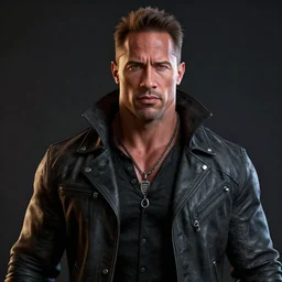 a digital art portrait of vampire biker character design in style of dwayne johnson, rock star brad pitt vampire character sheet, 4 k, ultra detail, volumetric lighting, unreal engine, octane render