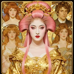 portrait of a beautiful geisha woman with pink hair, beautiful symmetrical face, golden, fantasy, regal, by stanley artgerm lau, greg rutkowski, thomas kindkade, alphonse mucha, loish, norman rockwell.