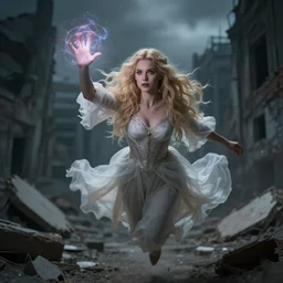 beautiful blond hovering sorceress girl, casting a spell, in a destroyed city, moody lighting, 8 k, shallow depth of field, cinematic lighting,