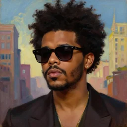 the weeknd wearing sunglasses and a city background by giuseppe arcimboldo, brown skin, classical painting, digital painting, romantic, vivid color, oil painting