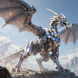in - game image of a monumental dynamic segmented flowing mechanical dragon from horizon : zero dawn, 4 k uhd, low angle wide shot, sci fi, shiny