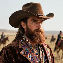 bearded cowboy, asian steppe in background, persian folkore artstyle