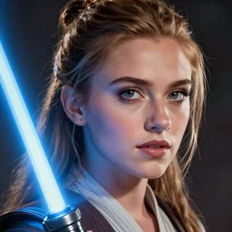 head and shoulders portrait of a female knight, jedi, blue lightsaber, young scarlett johansson, star wars, by doug chiang, face detail, extremely detailed, digital illustration