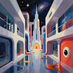 an extremely high quality hd surrealism painting of a 3d galactic neon complimentary-colored cartoon surrealism melting optically illusiony high-contrast zaha hadid futuristic cityscape hallway by kandsky and salvia dali the second, salvador dali's much much much much more talented painter cousin, clear shapes, 8k, realistic shading, ultra realistic, super realistic