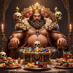 an intricate concept art, photorealism, a fat bearded king, feasting on a table full of food, skull throne, treasure chest full of jewelries, glowing crown, ultra photorealistic, pinterest, artstation, cgsociety, global illumination, pinterest, digital art, hyper detail, anime colors, style by wlop, octane render, 8 k