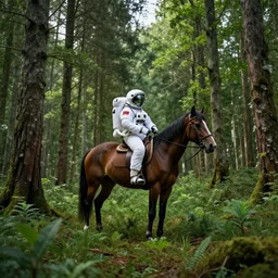 american astronaut in the forest riding a horse, plants environment, wide angle, cinematic lighting, atmospheric, realistic, octane render, highly detailed, color graded, in the style of craig mullins