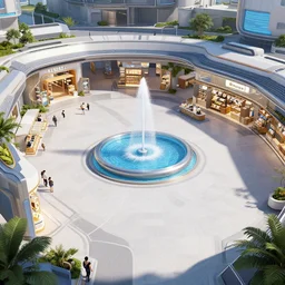 a open plaza area on a spaceship with a water feature in the middle and stores around the outside, from a space themed point and click 2 d graphic adventure game, art by thomas kinkade