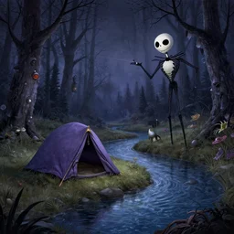a tent by the river in the deep, remote woods by tim doyle and chris leib, from nightmare before christmas | detailed | elegant | trending on artstation