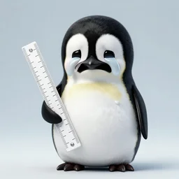 a sad crying penguin holding a ruler, photo