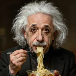 Albert Einstein sucking noodles with his mouth, hyperdetails, ethereal, handsome, elegant, highly detailed, digital painting, artstation, concept art, matte, sharp focus, illustration, art by Artgerm and Greg Rutkowski and Alphonse Mucha