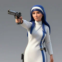 pov mother theresa pointing a submachine gun at the camera, 3d model, hyperrealistic, dynamic shadows, dynamic lighting