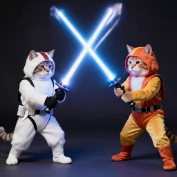 1 9 8 0's color photo of cats in star wars costumes, fighting with light sabers