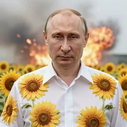 photo portrait of Vladimir Putin - sunflowers -  dressed in leisure shirt with ornamental  ethereal  sunflower pattern, natural skin tone, highly detailed  realistic flowers ornament on the shirt, raging war and explosions in the background, face is highly detailed, elegant, Realistic, Refined, Highly Detailed, natural soft pastel lighting colors scheme, fine art photography by Cecil Beaton, volumetric lighting, hyper realistic photography
