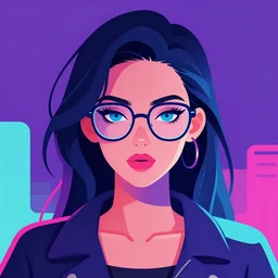 cyberpunk vector illustration of an attractive young woman with dark hair, blue eyes, thick rim glasses, symmetrical, blade runner style, pink, blue, purple, teal, neon