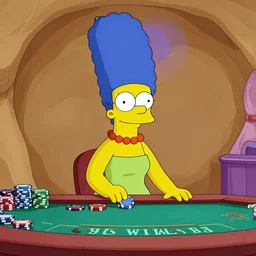 “Marge Simpson playing blackjack in a casino and winning, cave painting”