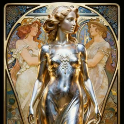 highly detailed vfx portrait of natali portman as statue, stephen bliss, unreal engine, chrome reflect, tom bagshaw, alphonse mucha, global illumination, detailed and intricate environment