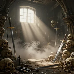a room adorned with skulls and pens and swords and weapons of the post apocalyptic revolution, very high details, volumetric fog, raytracing, back light, raymarching, by ilm, by digital domain, by weta digital