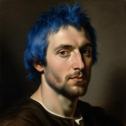 portrait of ben shapiro, blue hair, painting by titian, by caravaggio, by jan van eyck, dark shadows, detailed, high quality