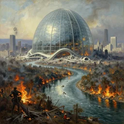 post - apokalyptic, nuclear explosio, destruction capital city of the free republic of liberland, river in the middle, hyperdetailed, huge glass dome, zaha hadid architecture, burning forest, painting by gaston bussiere, craig mullins, j. c. leyendecker k