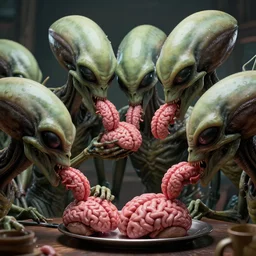 aliens brainsuckers eating brains in reustarant, perfect face, fine details, studio lighting, subtle shadows, art by katsuya terada, photorealism, hyper realism, octane render, hyper detailed, canon eos r 3, f / 1. 4, iso 2 0 0, 1 / 1 6 0 s, medium shot, 8 k, raw, unedited, in - frame,