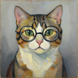 a cubist painting of a cat with glasses