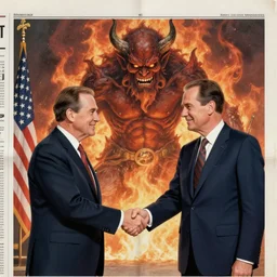 Newspaper photograph showing President Nixon making a deal with a massive fire demon