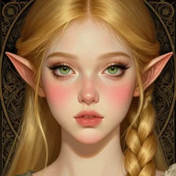face of a girl with light skin, green eyes, long thick eyelashes, elf ears, very plump lips, freckles, pink cheeks, long blond hair, tied in a braid, dark fantasy, intricate, elegant, highly detailed, digital painting, artstation, concept art, smooth, sharp focus, illustration, art by artgerm and greg rutkowski and alphonse mucha, wlop