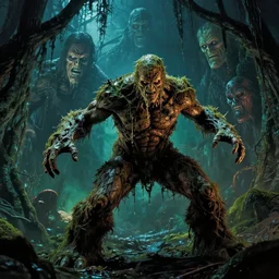 swamp thing in a dynamic action pose, forward angle, dramatic night lighting, by bernie wrightston, mike mignola and bill sienkiewicz, monstrous faces blended in the background scenery, canopy of drippy trees