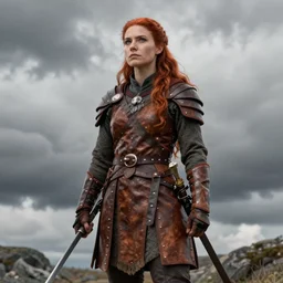north adult female warrior, red hair, ginger hair, long hair, fantasy, female Viking, high detailed, photography, cloudy, lightweight leather armour, Scandinavia, plain, detailed face, beautiful face, beautiful girl, look into the distance, professional model, glowing skin, serious face, full body,in full growth, professional photographer, masterpiece, 50 mm, extremely detailed, 8k, 3D