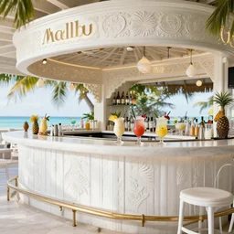 an amazing tropical bar in the carribbeans, pina coladas and other delicious malibu coctails on the bar. intricate, elegant, highly detailed, stylish