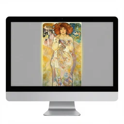 clear, well composed photograph of a computer monitor. the screen is showing a new, colorful painting by alphonse mucha