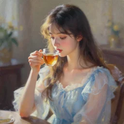 unattractive princess drinking tea. oil painting by award - winning mangaka. backlighting, chiaroscuro, depth of field, luminescent colors.