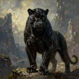 gorgeous black panther in armor in style of outerworld by blizzard, by rembrandt and gustave dore, dramatic lights, painting, washed colors