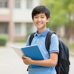 happy student boy with holding his notebook with his backpack on
